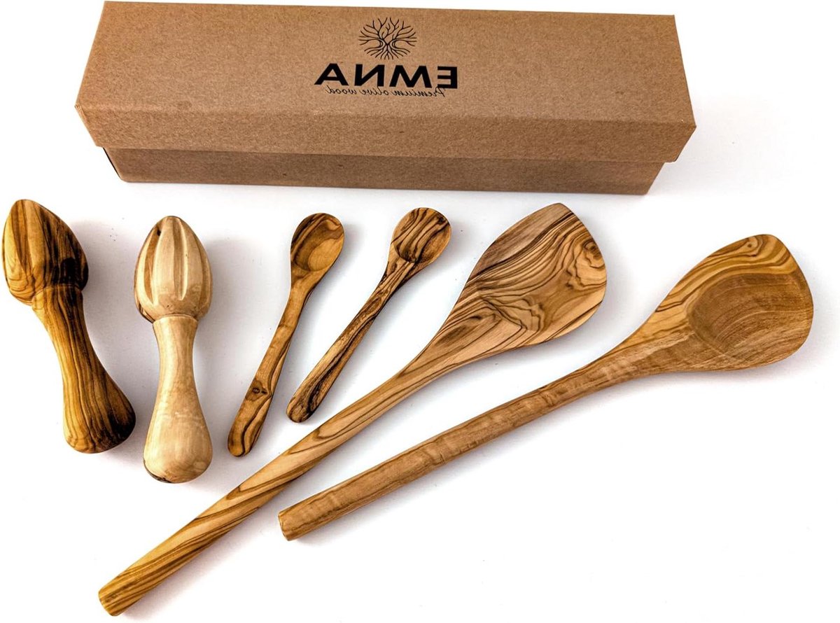 Keukengerei Set - Houten Lepels - Koken En Serveren - Uniek Olijfhout - 6 Delig - Houtkleur