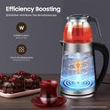Glazen waterkoker met bovenop een theepot met rood thee-infuus, roestvrijstalen accenten, zwarte handgreep en blauwe LED-verlichting in de waterkoker. Naast de waterkoker staat een glas met rode thee en een schaal met chocoladekoekjes.