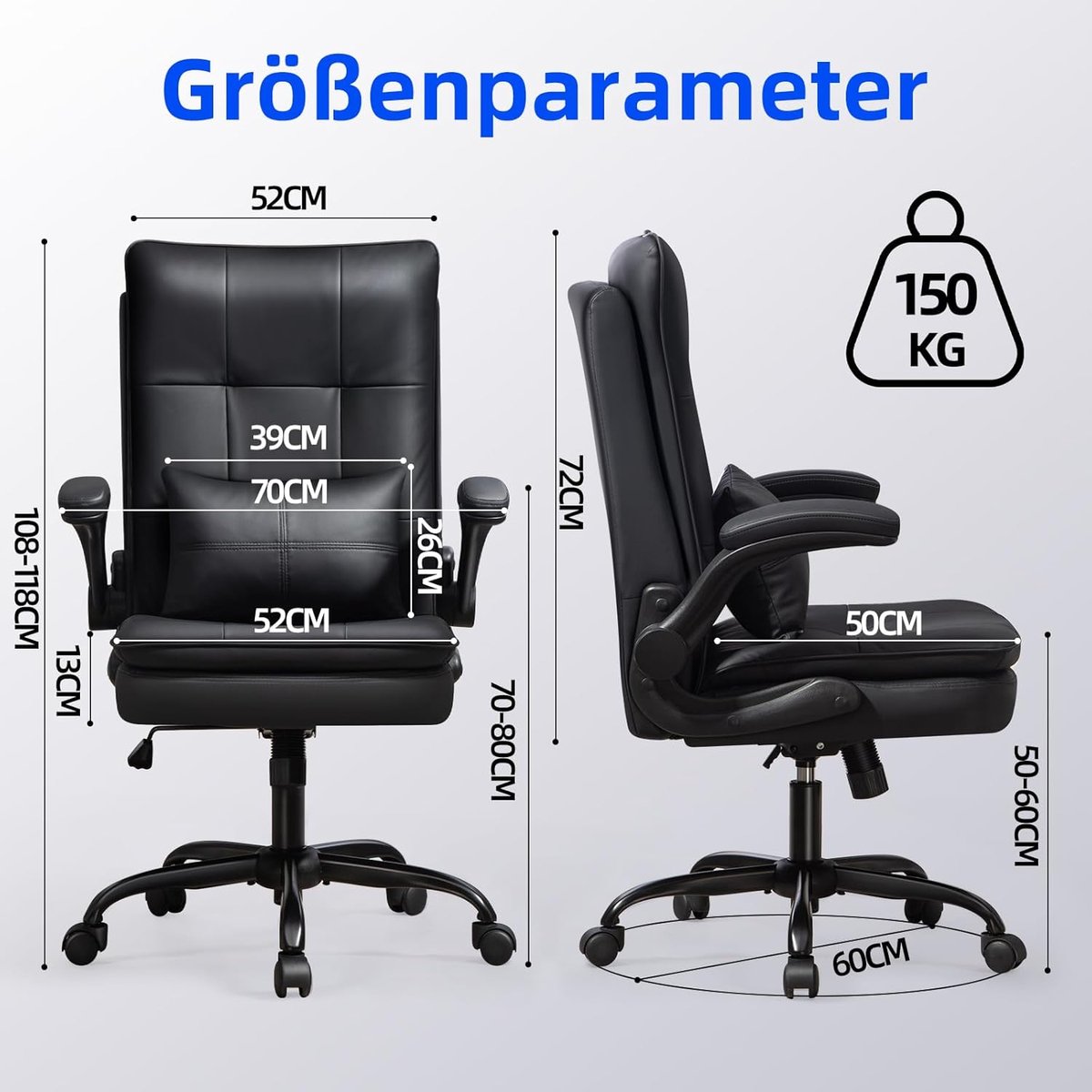 Ergonomische Bureaustoel – House&Garden LeatherElite Pro – Krasbestendig Kunstleer – Hoge Rugleuning – Opklapbare Armleuningen – Verstelbare Kantoorstoel – Draaistoel met Kantelfunctie – 150 kg Belastbaar – Zwart