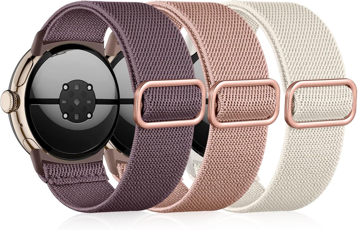 Zandarix Geschikt voor Google Pixel Wach 4 41mm - Verstelbare Zachte Nylon Elastische Sportband - 3 Stuks - Smartwatchbandje - Gerookt Paars/Roze/Starlight