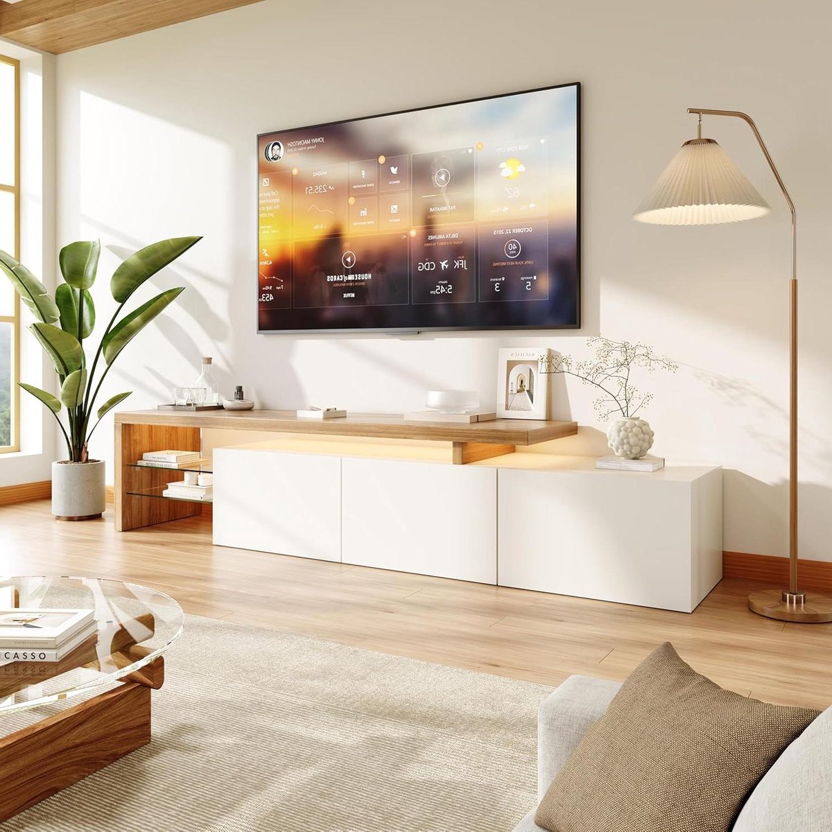 TV Meubel - Televisie Meubel - Woonkamer Organiseren - Variabele LED Verlichting - 200 x 39 x 42 cm - Wit