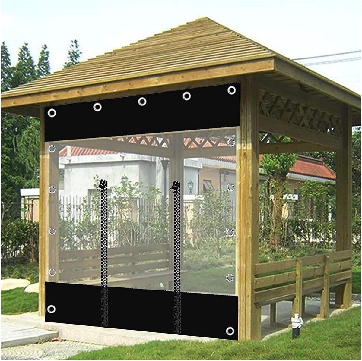 Waterdicht zeil - Veranda gordijn - Buitenruimte beschermen - Transparant middenpaneel - 420 x 220 cm - Zwart
