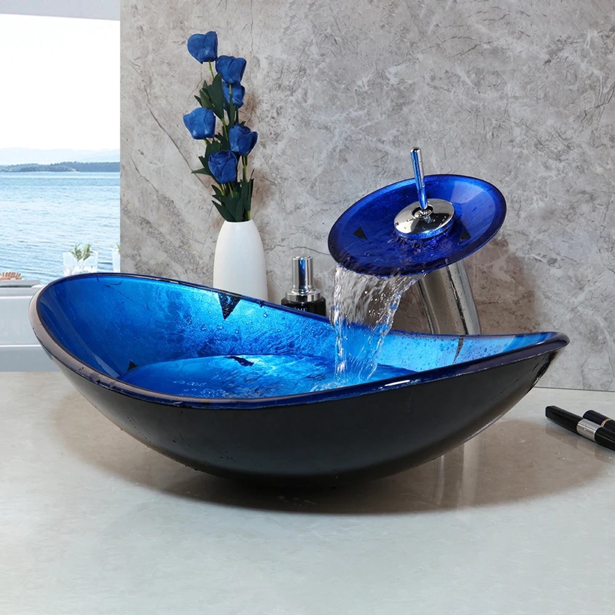 Cellista Blauwe Glazen Wastafel Set - Opbouw Waskom van Gehard Glas - Luxe Vessel Wastafel - Badkamer Wastafel met Messing Waterval Kraan - 35 x 55 cm