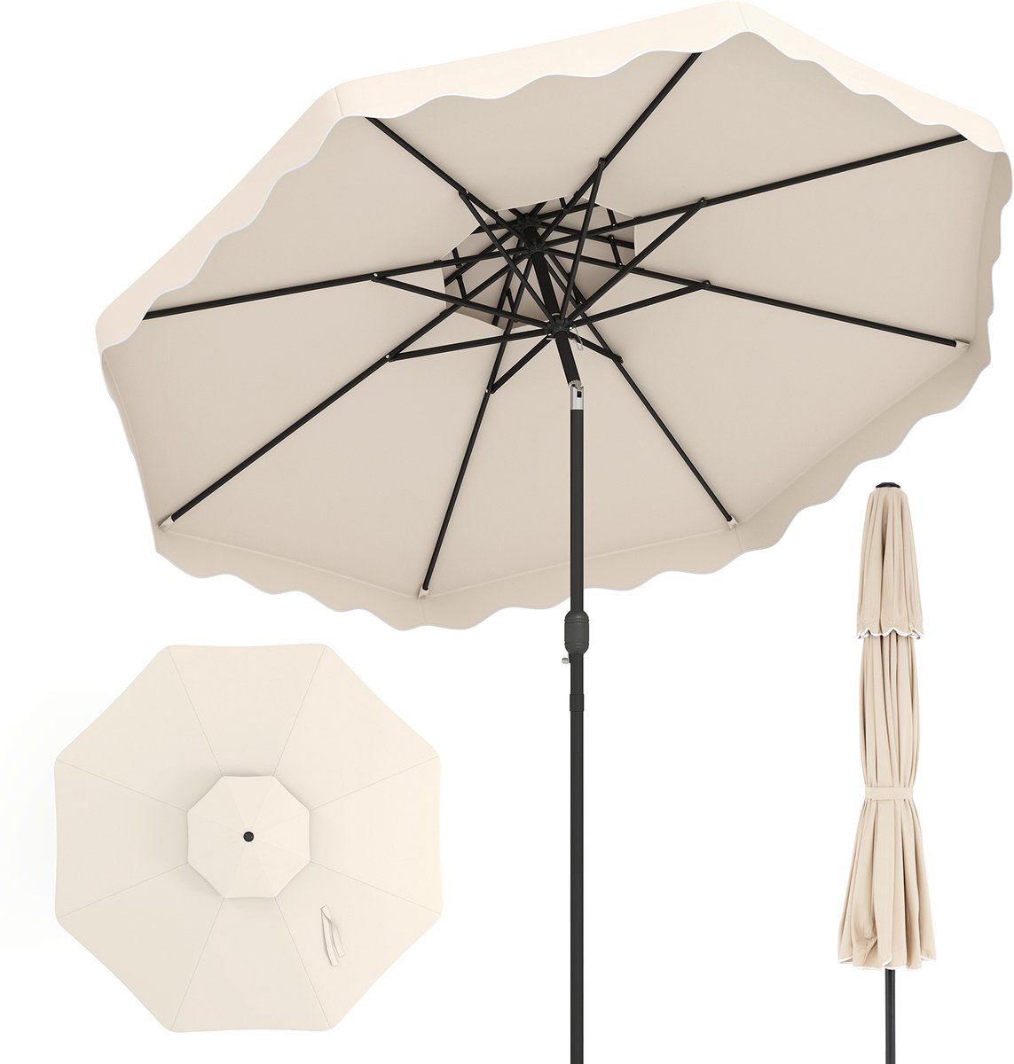 COSTWAY 300 cm parasol met dubbel doek, tuinparasol met draaihendel en volant, 30° kantelbaar aan beide zijden, terrasparasol, marktparasol voor tuin, balkon, terras (beige)