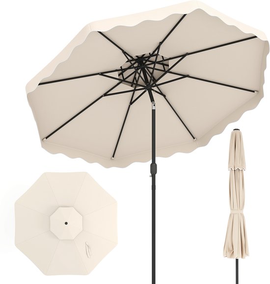 Parasol couleur crème, vu de dessus, de dessous et fermé, avec une bordure ondulée.