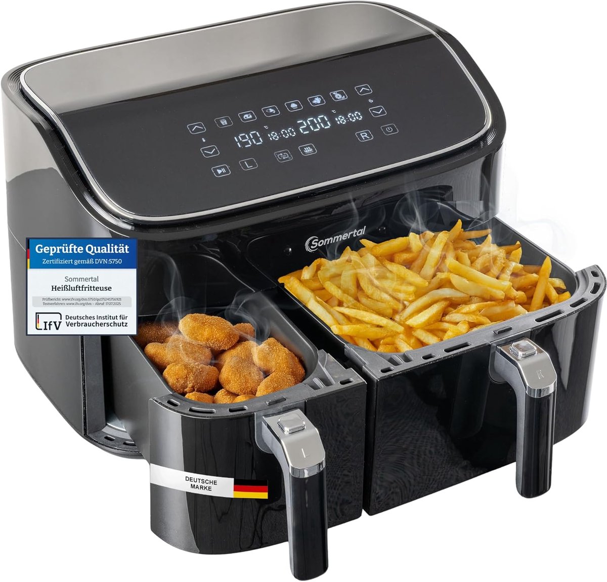 Heteluchtfriteuse Dubbel - Dubbele Mand - Gezond Koken - Twee Manden Tegelijk - 9 Liter - Zwart