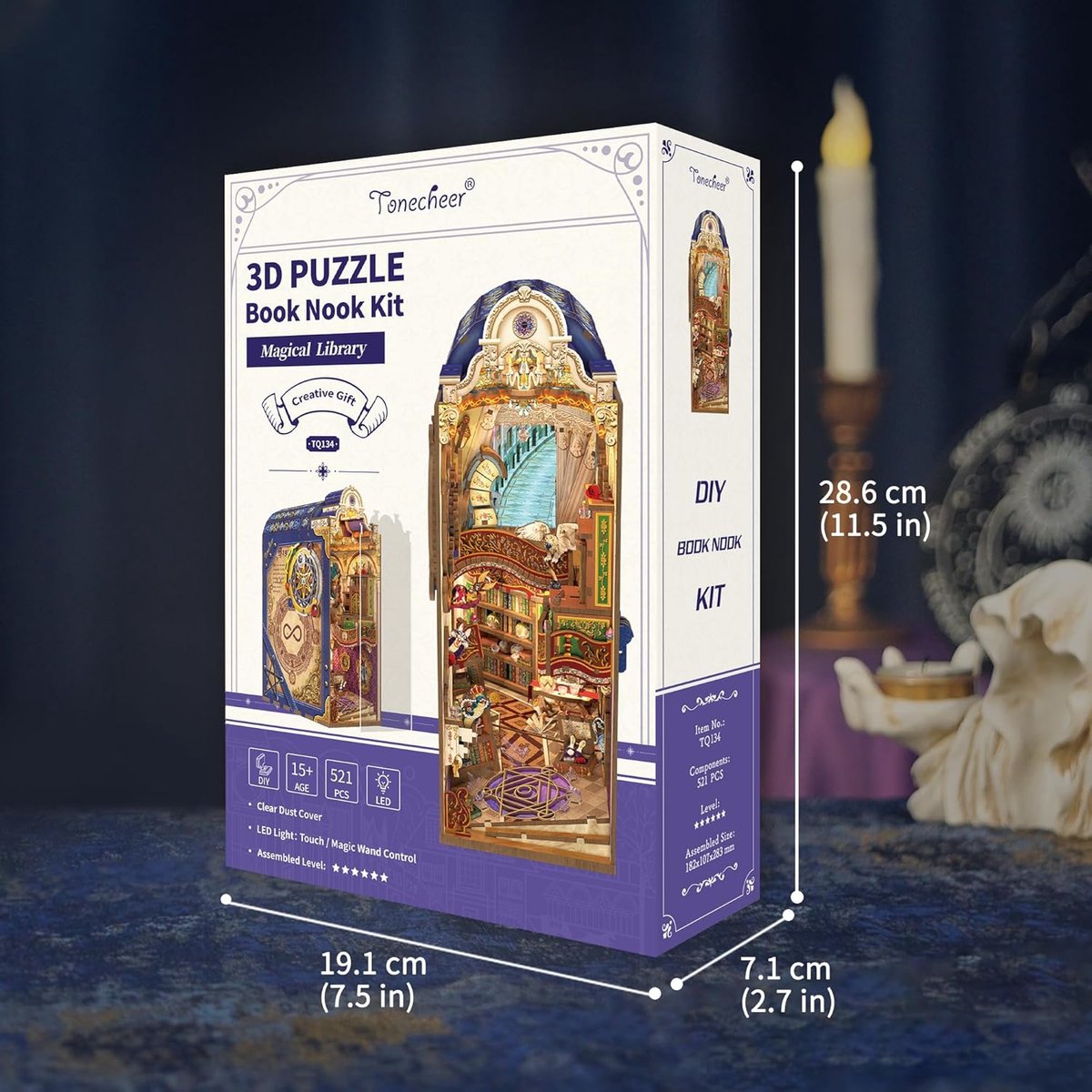 Tonecheer Magical Library Book Nook Bouwpakket - Modelbouw - 18,2 x 10,7 x 28,3 cm - DIY Pakket - Houten 3D Puzzel - Boekensteun - LED-licht - Bewegingssensor Licht - Boekenhouder — afbeelding 9