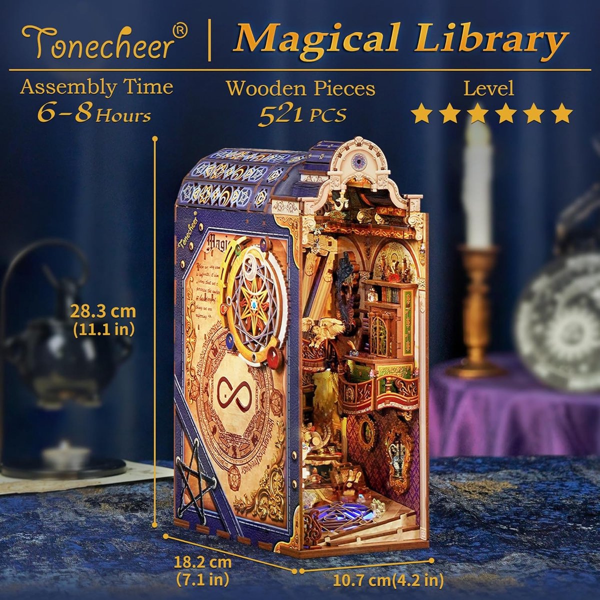 Tonecheer Magical Library Book Nook Bouwpakket - Modelbouw - 18,2 x 10,7 x 28,3 cm - DIY Pakket - Houten 3D Puzzel - Boekensteun - LED-licht - Bewegingssensor Licht - Boekenhouder — afbeelding 8