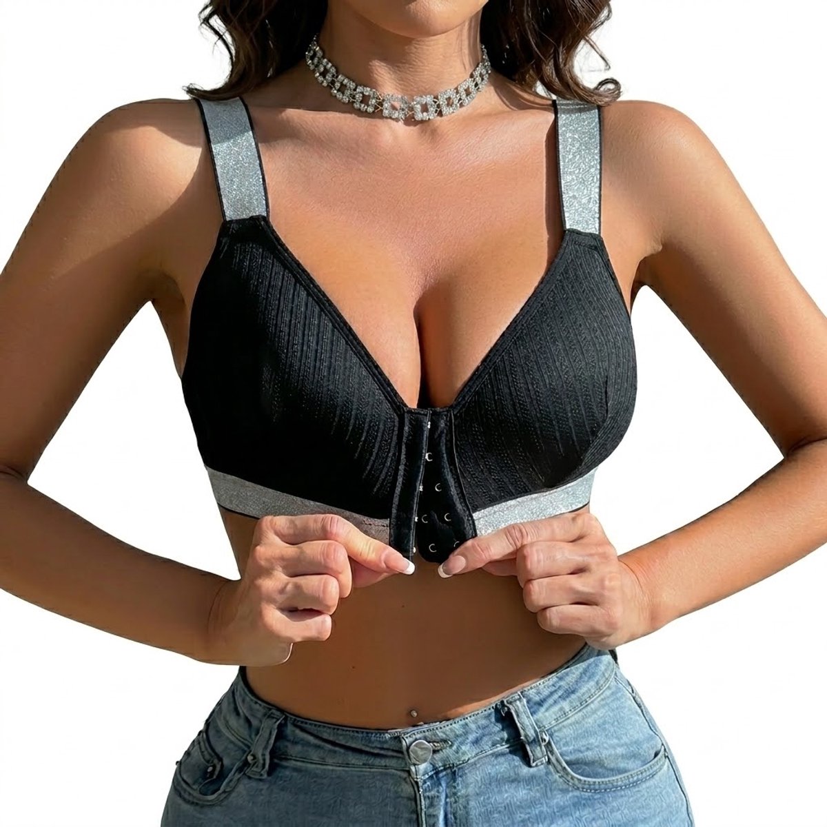 Zwarte gestreepte bh dames maat M – draadloze beha met voorsluiting en zilverkleurige banden – comfortabele rib structuur bralette met diepe V hals en brede schouderbanden