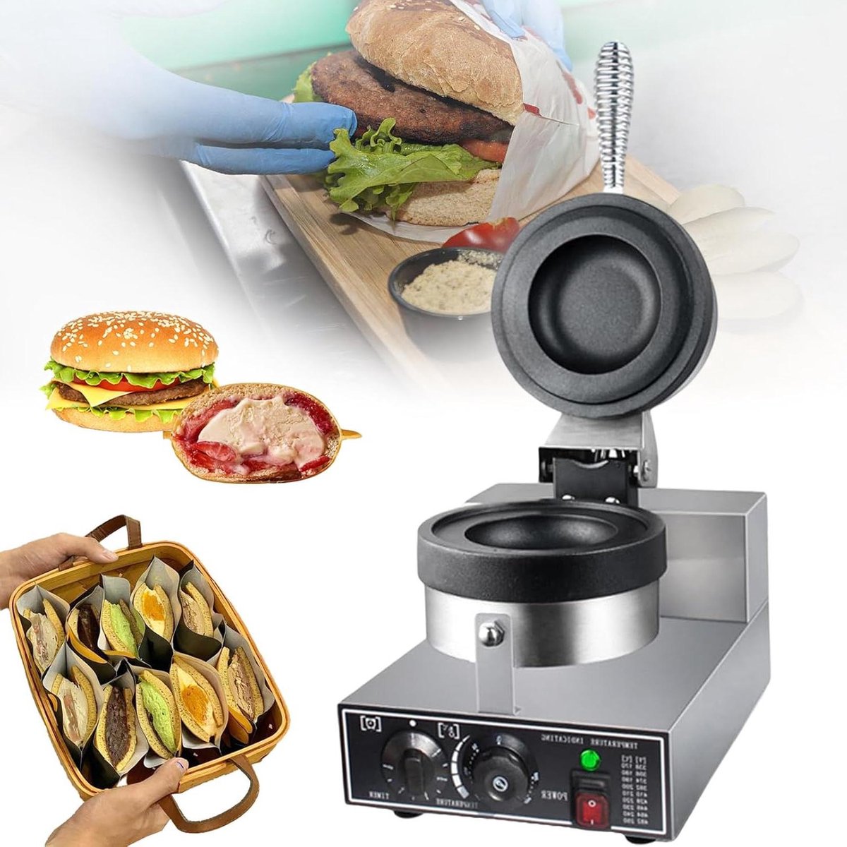 Burger Wafelijzer - IJswafelmaker Wafelbakker - Ontbijt Maken - Dubbelzijdig Verwarmen - 1200W - Zilver