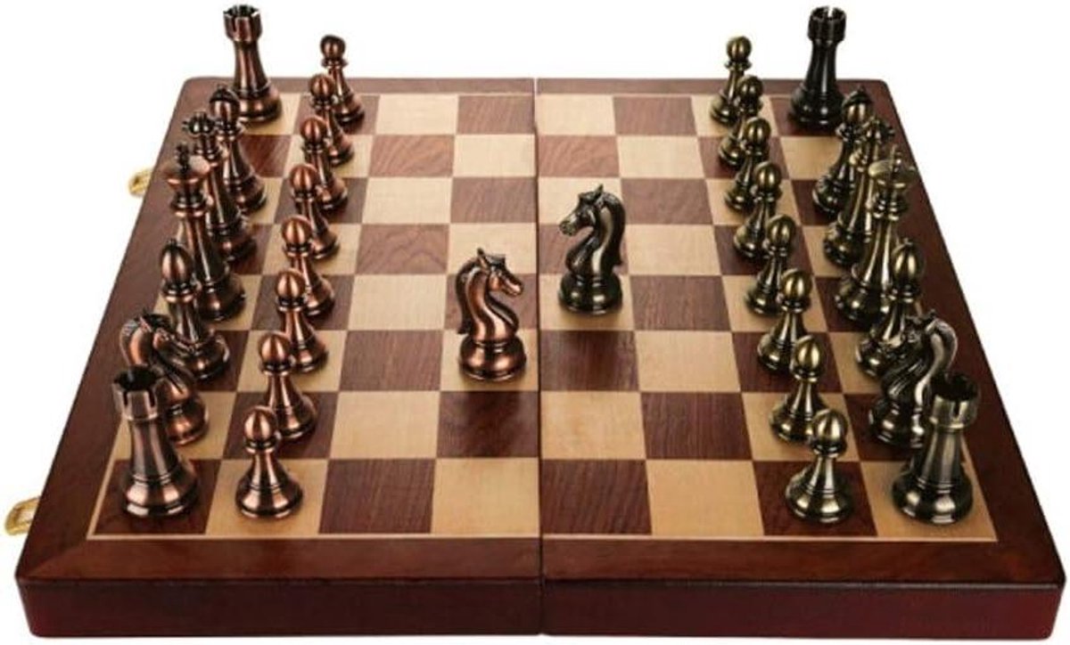 Schaakbord Set - Strategisch Spel - Spel en Training - Opvouwbaar Ontwerp - Metalen Stukken - Brons