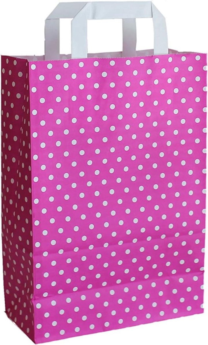 Papieren Draagtassen - Platte Handvat Tassen - Winkelen Verpakken - Stippen Patroon - 18x22 cm 200 Stuks - Roze