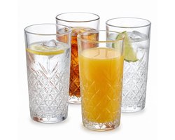 Cheqo® Longdrinkglazen Set van 4 - Drinkglazen - Waterglazen - Cocktailglazen - Highball Glazen - Sapglazen - Frisdrankglazen - Geribbelde Glazen met Reliëf voor Water, Sap en Cocktails - Transparant Drinkglas - Gin-Tonic Glazen