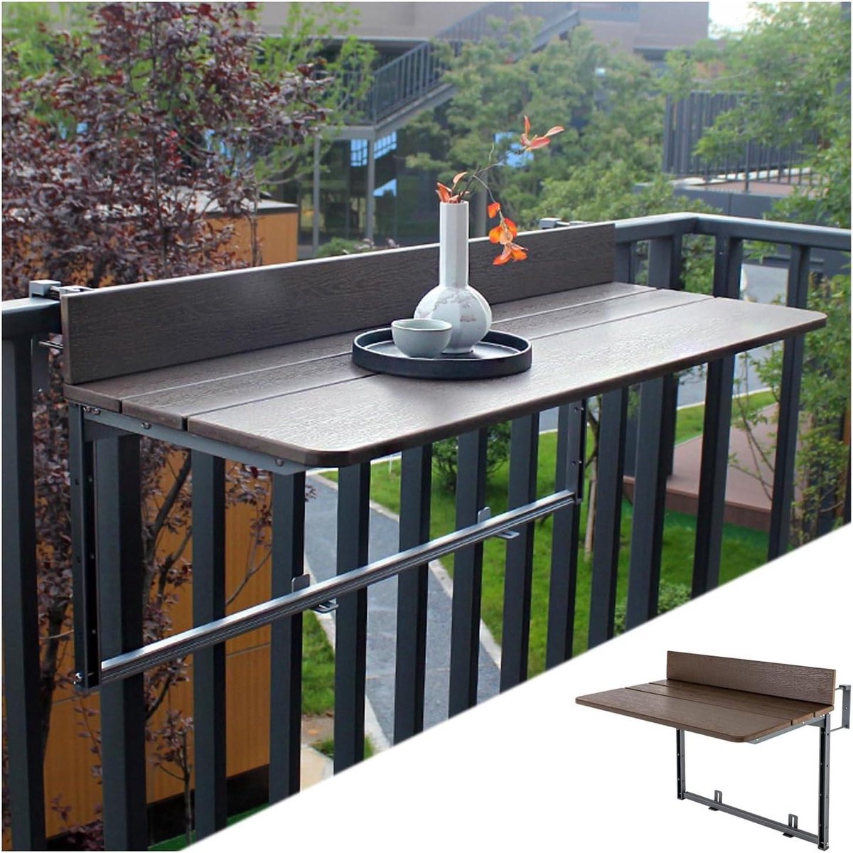 Balkontafel Reling - Hangende Tafel - Buiten Leven - Opvouwbaar Verstelbaar - 60x37cm - Bruin