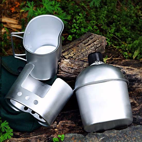 4 Piece Pan Set, Aluminum Canteen Cup Wood Stove with Foldable Spork for Camping, Hiking (Silver #-T) — afbeelding 2