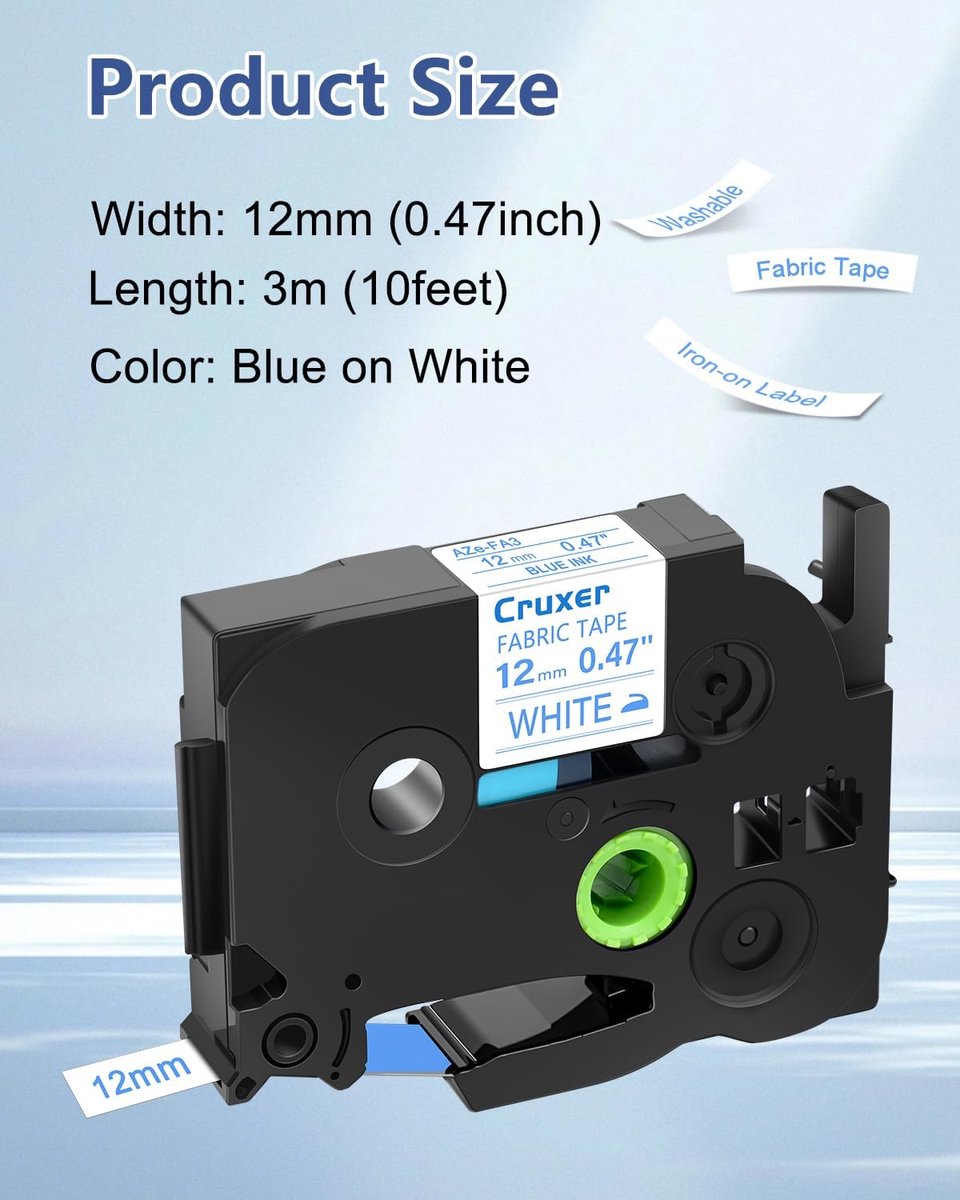 Cruxer Replacement for Brother Iron on Fabric Tape Tze-FA3 Blue on White Clothing Label Tape Work with Brother Ptouch Labeling Tape Cassette PT-H110 PT-P300BT PT-H107B PT-D210VP, 12mm x 3m, 4pcs thumbnail 4