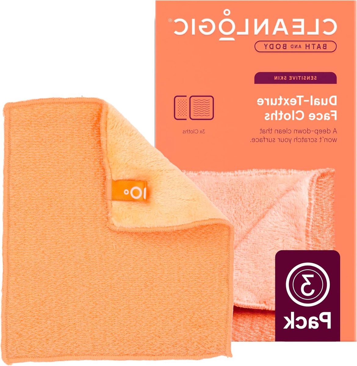 Cleanlogic Bath & Body Exfoliating Dual-Texture Face Cloths For Sensitive Skin, Assorted Colors, Removes Makeup, Oil & Dirt, Vegan Friendly - Pack Of 3