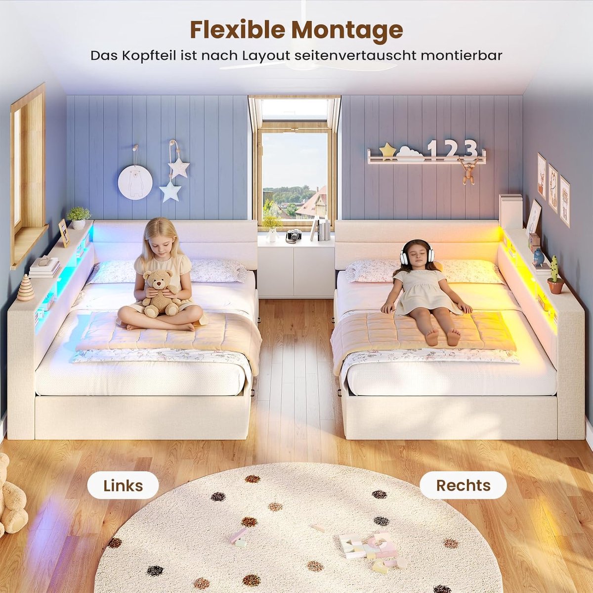 MultiLuxe Storage Sofa Bed 140x200 cm – Multifunctioneel Gestoffeerd Tweepersoonsbed met 4 Lades, LED Verlichting, Oplaadstation (USB & Type-C), Open Opbergvakken & Metalen Lattenbodem, Linnen Beige