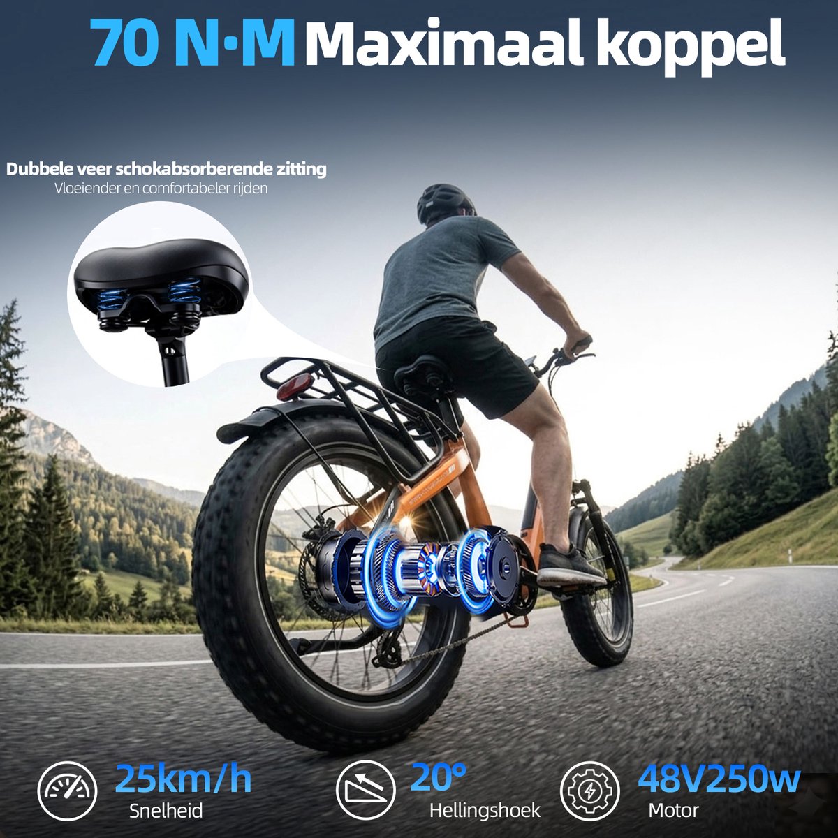 TTGO F6 Boost Elektrische Fiets – 250W Motor - 48V18Ah Lithium Accu – Actieradius tot 140 km – Hydraulische Schijfremmen – 20×4.0 inch Fatbike Banden - Shimano 7 Versnellingen - Vouwfiets - Oranje thumbnail 4