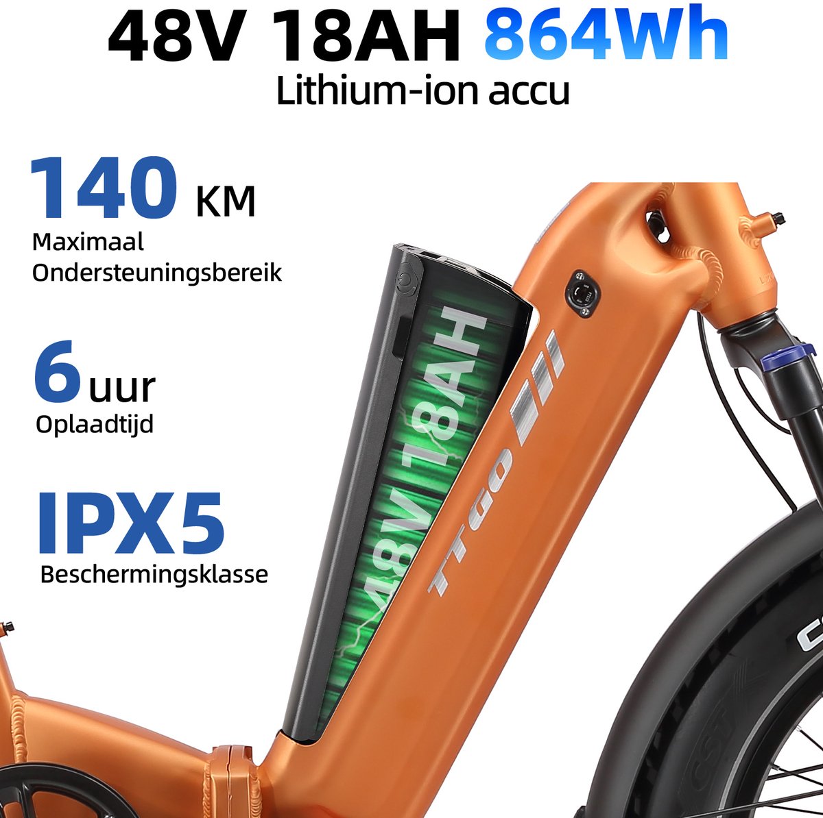 TTGO F6 Boost Elektrische Fiets – 250W Motor - 48V18Ah Lithium Accu – Actieradius tot 140 km – Hydraulische Schijfremmen – 20×4.0 inch Fatbike Banden - Shimano 7 Versnellingen - Vouwfiets - Oranje thumbnail 8