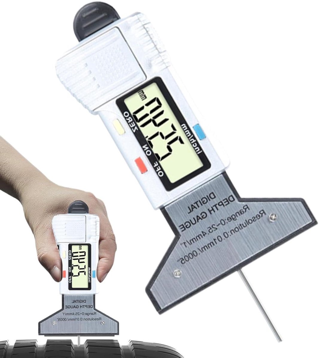 Bandenprofielmeter - Dieptemeter Banden - Veiligheid Controleren - Digitaal LCD Display - 0-254 mm - Zilver