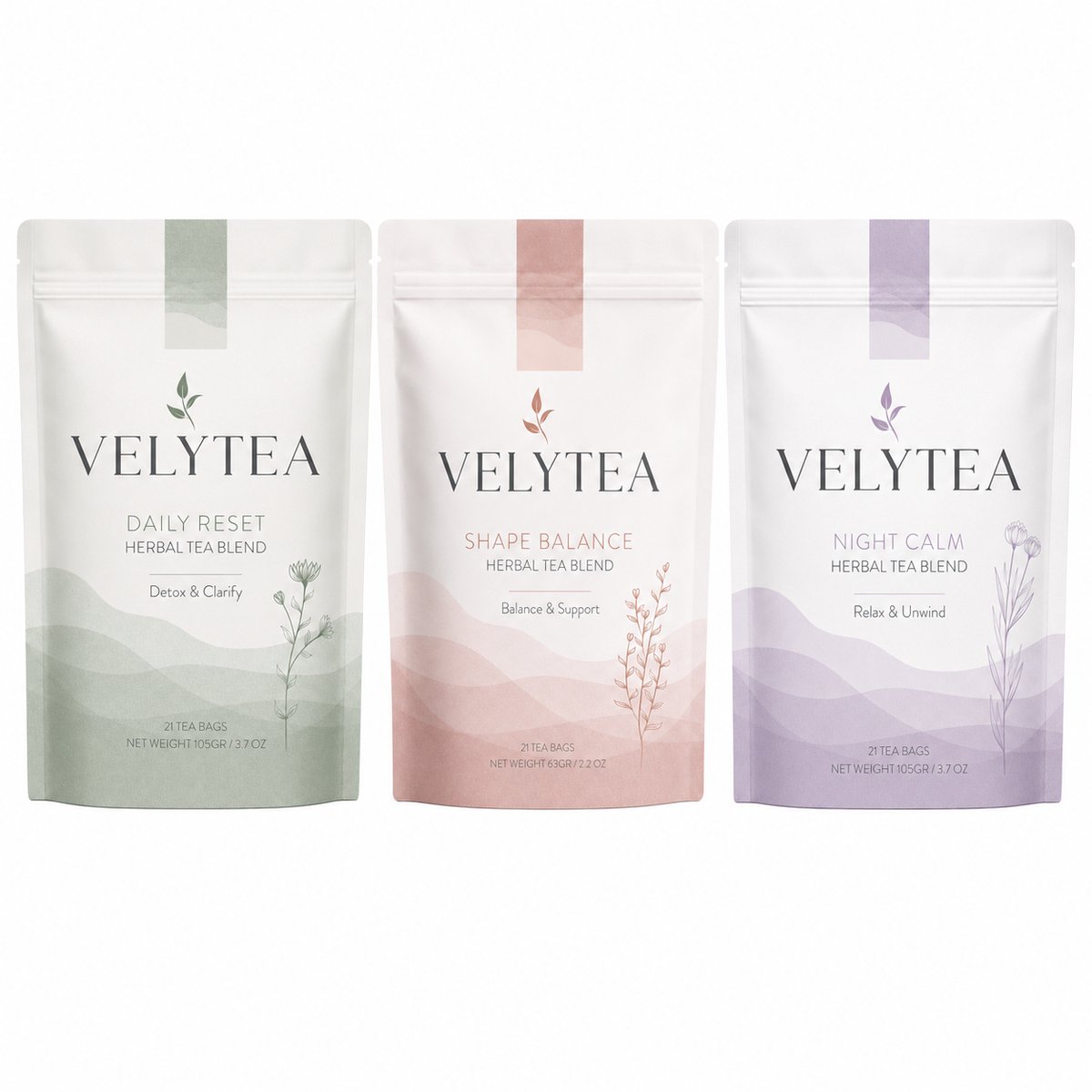 Velytea Thee Set - Shape Balance, Daily Reset & Night Calm - 3 x 21 Zakjes Kruidenthee, Afslankthee, Detox Thee en Slaapthee