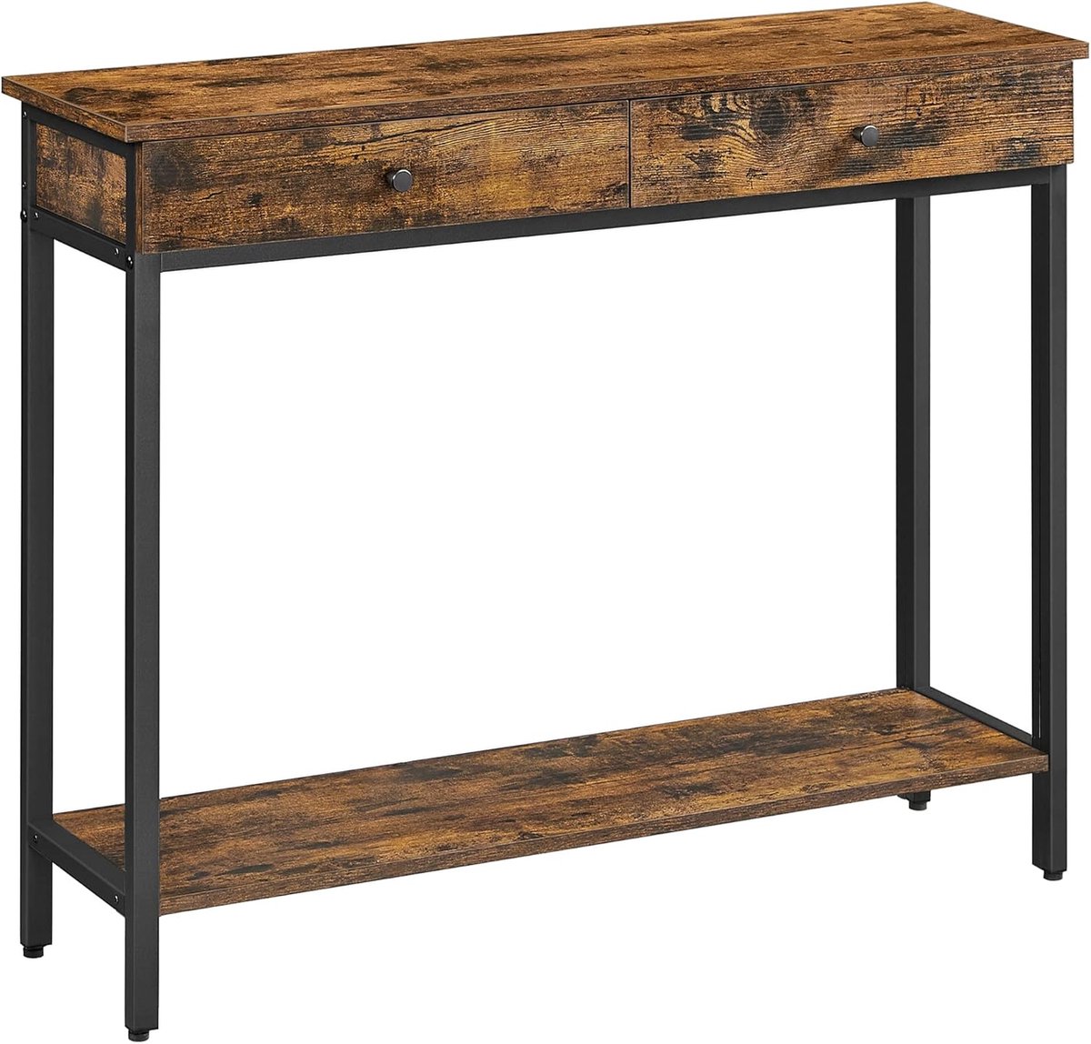 HOMESY Consoletafel, entreetafel, salontafel met 2 laden, stalen frame, stabiel, voor hal, slaapkamer, woonkamer, industriële stijl, rustiek bruin en zwart