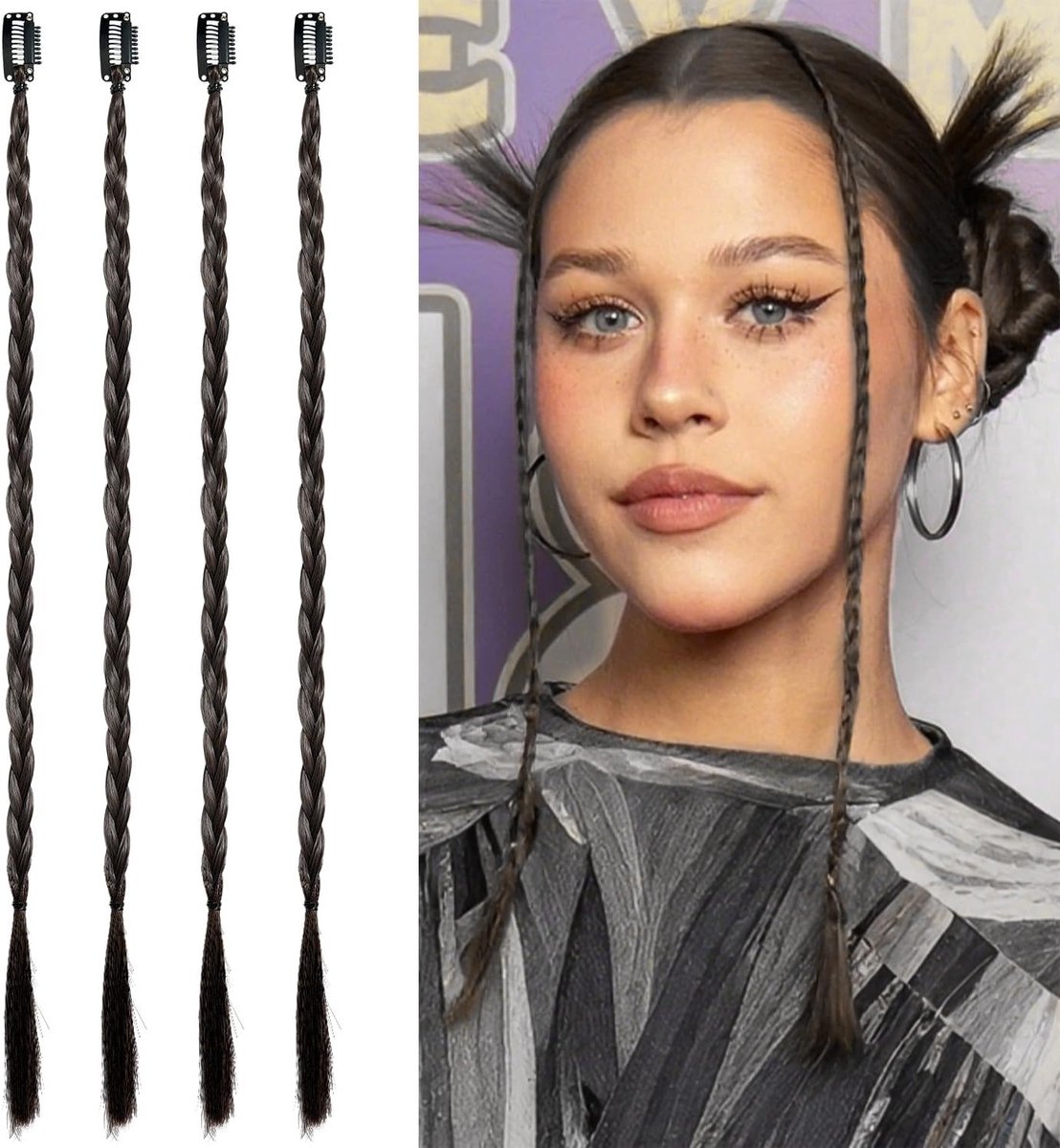 17 inch Clip-in Haarstukken, Synthetische Vlecht Extensions voor Dagelijks Gebruik en Feeststyling, Zwart Bruin (4 stuks)