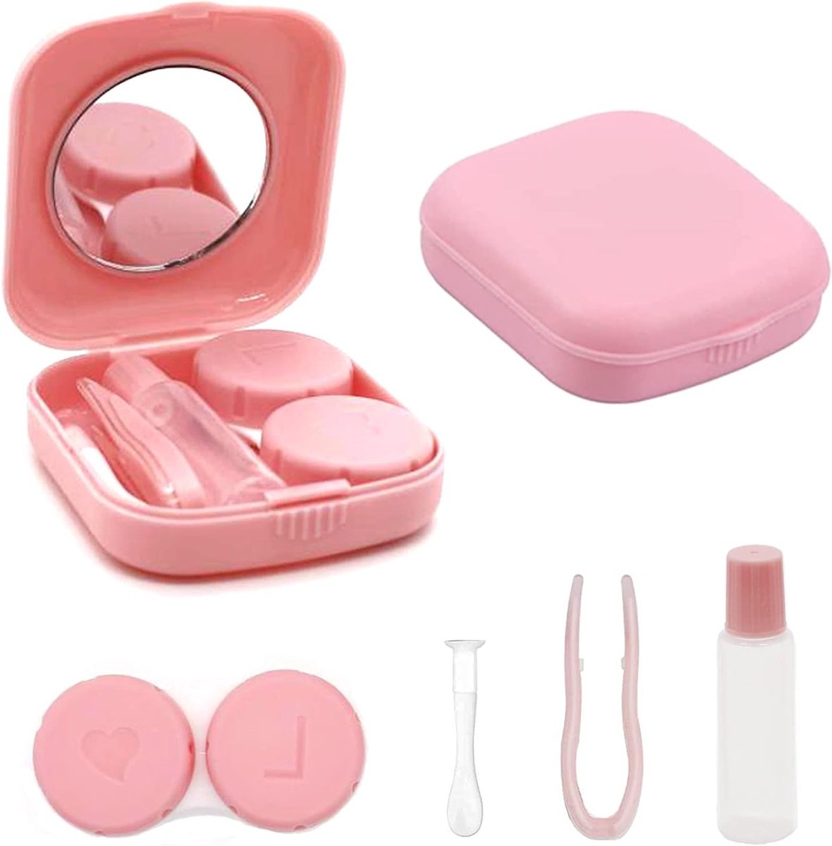 Draagbare en Hygiënische Contactlenshouder met Spiegel en Suction Tweezers voor Reizen en Dagelijks Gebruik, Roze