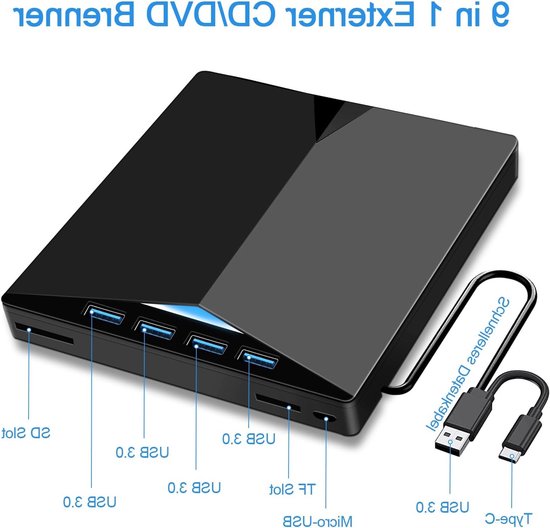Externe CD/DVD-speler USB 3.0, draagbaar, recorder, RW/ROM-drive, snelle overdracht, geïntegreerde USB-kabel geschikt voor Windows 7/8/10/11/Vista/Linux — afbeelding 5