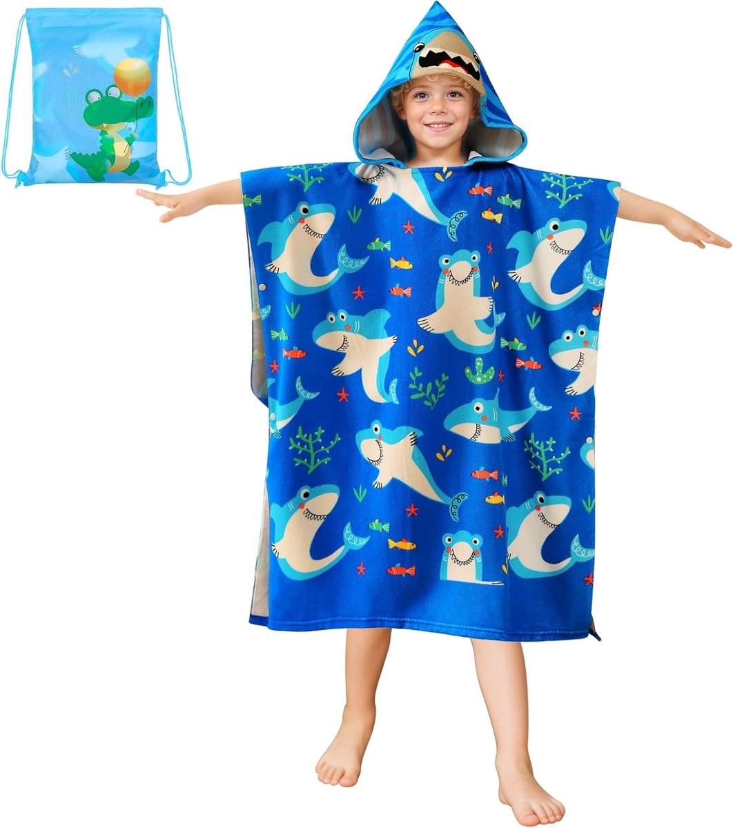 Microfiber Badponcho voor Kinderen met Kap - Absorberende Strandhanddoek voor Jongens en Meisjes van 6-15 Jaar - Blauw Haai Ontwerp, 75 x 180 cm