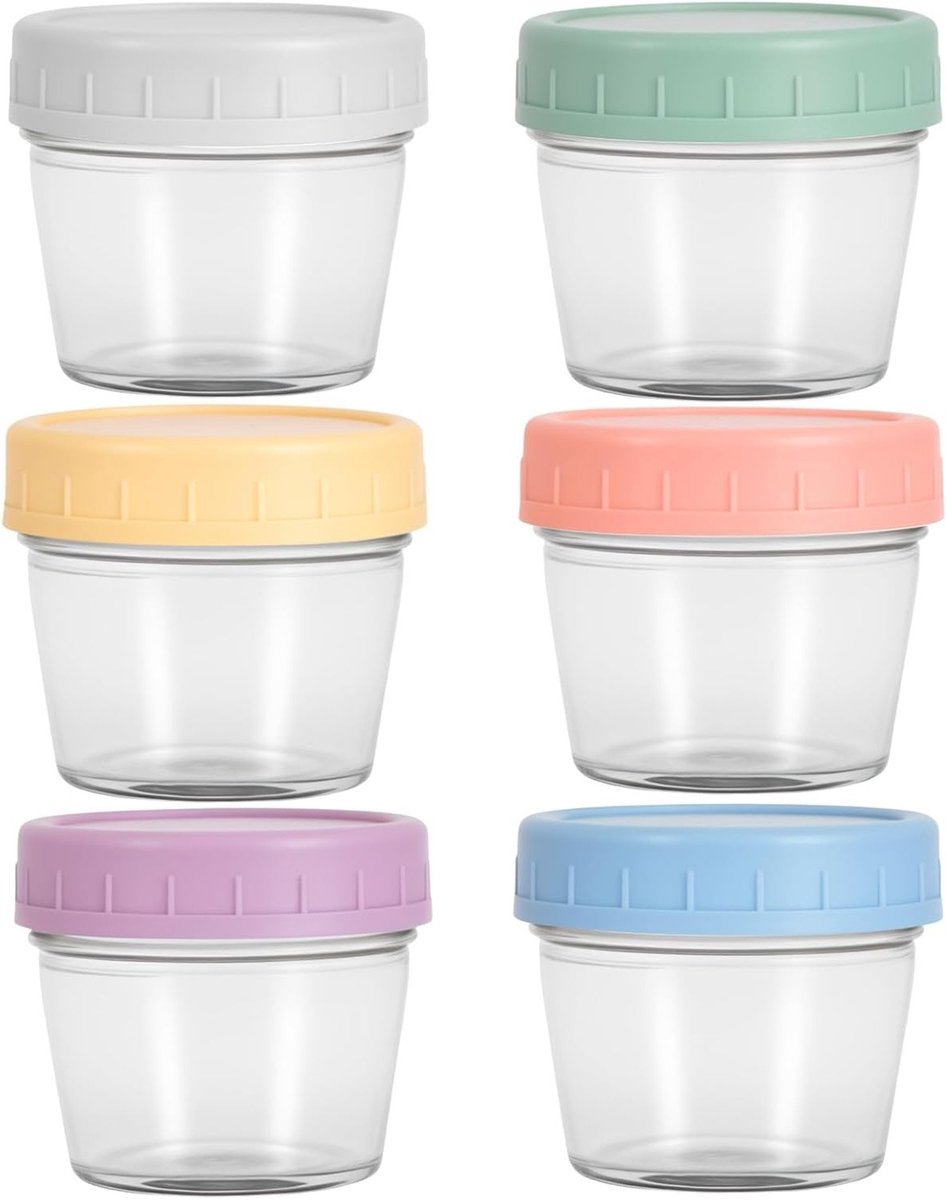 Set van 6 Glazen Opbergdozen met Deksel, 120 ml Luchtdichte Voedselopslag, BPA-vrij, Geschikt voor Magnetron en Vriezer, Ideaal voor Sauzen en Snacks