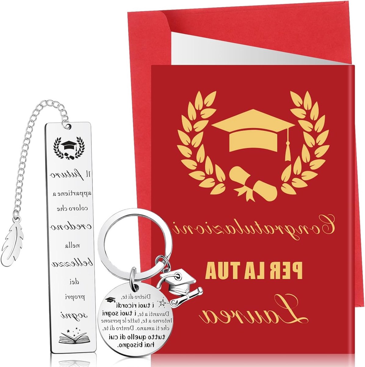 Set van 3 metalen boekenleggers met motiverende teksten en sleutelhanger voor studenten en docenten, perfect voor afstuderen en feestelijke gelegenheden