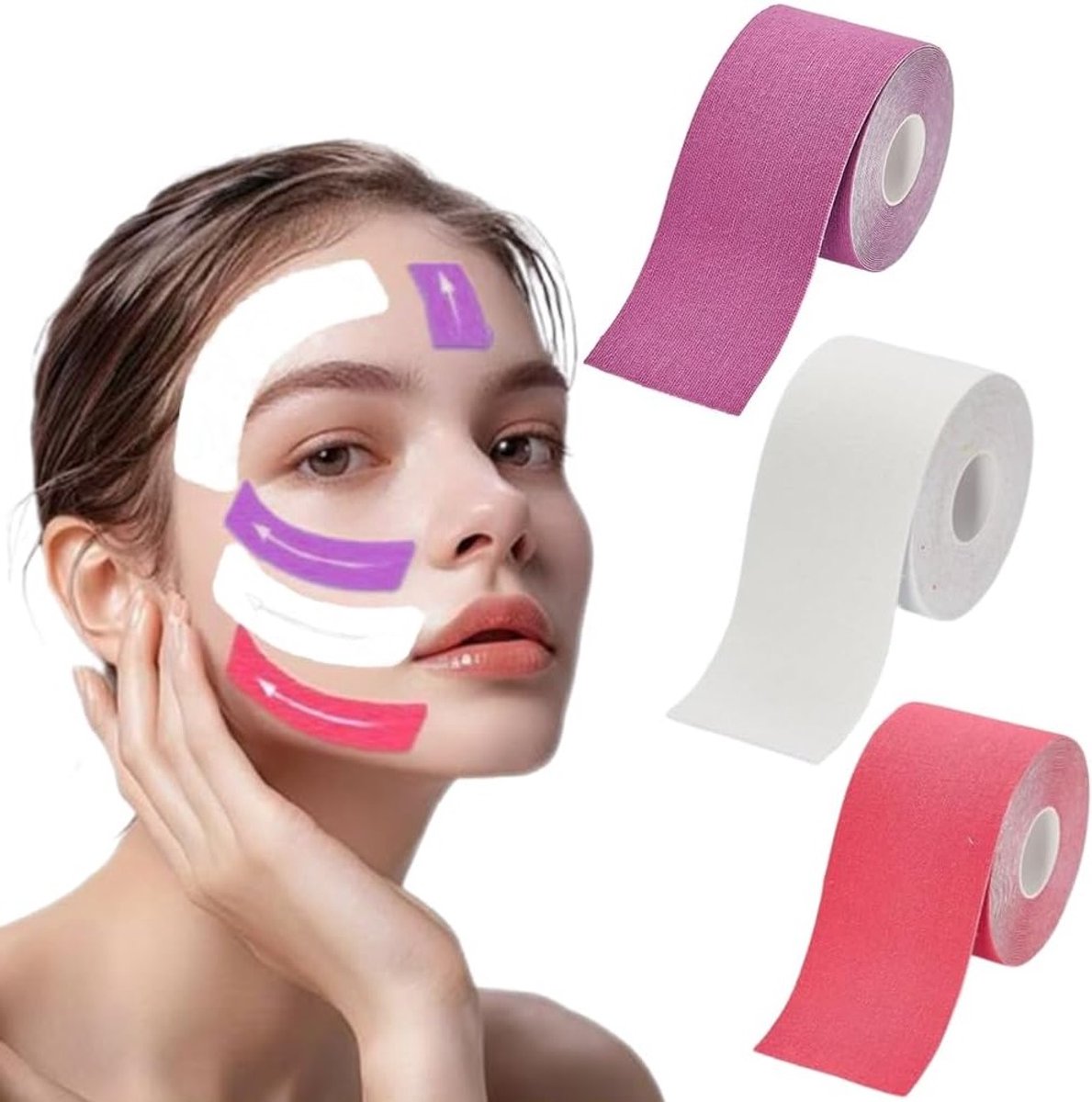 Multifunctionele Face Lifting Tape 2.5cm x 500cm voor Rimpelversteviging, Hoog Elastisch en Comfortabel, Ideaal voor Voorhoofd, Ogen en Lippen, 3 Rollen in Wit, Rood en Paars