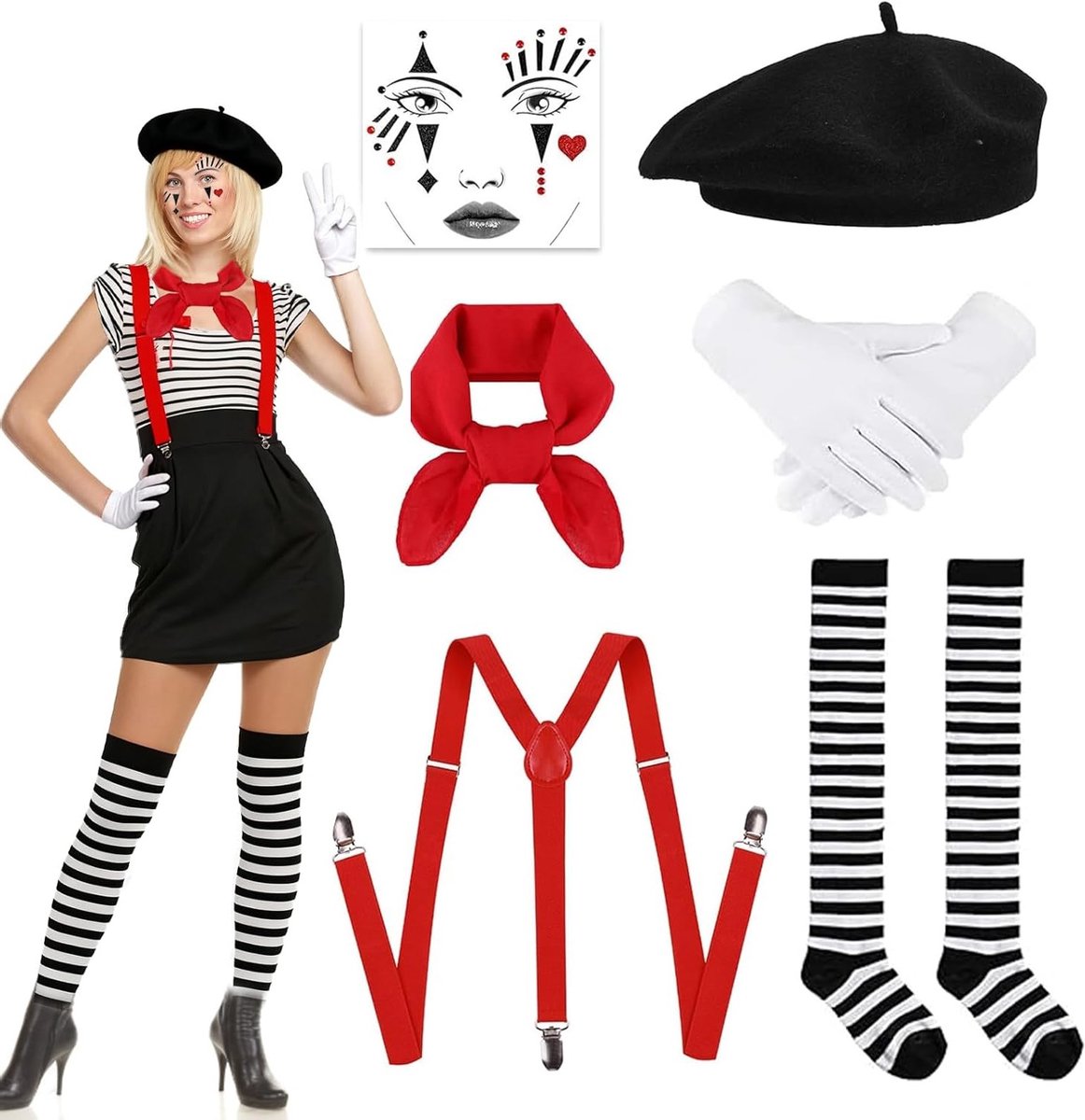 Vrouwelijk Pantomime Kostuum Set met Basque Hoed, Sjaal, Handschoenen, Tatoeages, Sokken en Steunen voor Kerst, Carnaval en Cosplay Feestjes