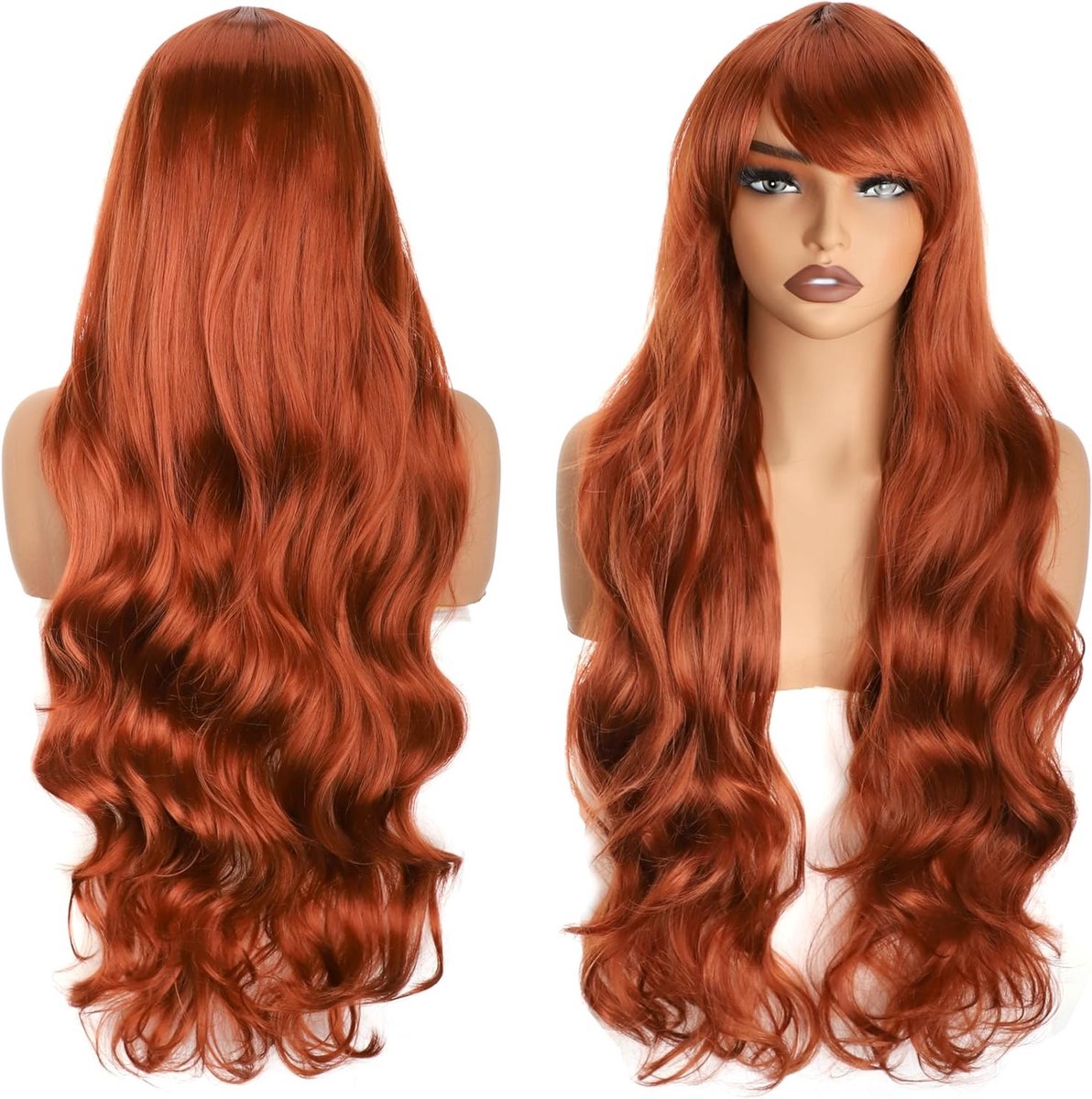 Lange golvende krullende pruik van 32 inch met bangs voor vrouwen, hittebestendig synthetisch haar voor feest, kostuum en Halloween