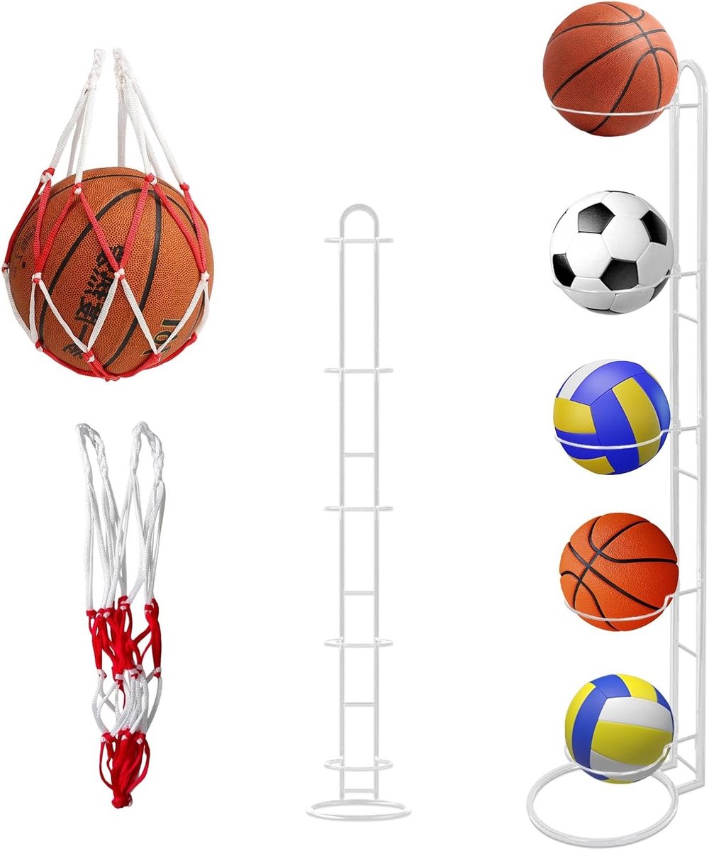 Voetbalstandaard met 5 niveaus, opbergruimte met gaascompartiment voor sportballen zoals voetbal, basketbal en volleybal (wit)