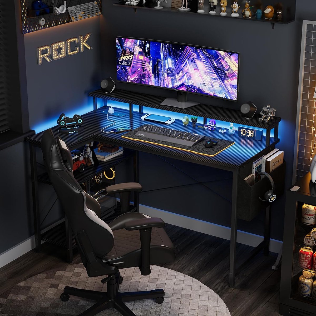 AstraLuxe L-Vorm Gaming Hoekbureau met LED Verlichting, Stopcontacten, Monitorstand & 2 Planken – 120 x 50 x 75 cm – Carbon Look Zwar