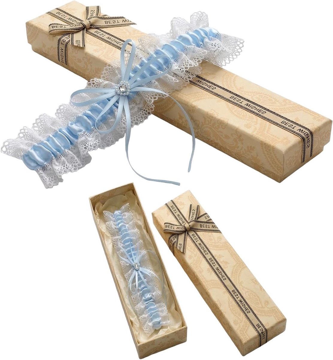 Elegante blauwe bruidsschoenband van zacht elastisch kant, perfect als trouwaccessoire en JGA cadeau voor vrouwen, verstelbaar van 36-64 cm