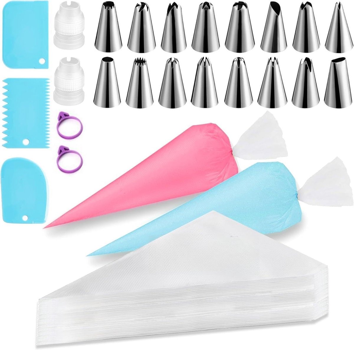 Complete set van 123 spuitmondjes en accessoires voor taarten, inclusief 100 bakzakken, 16 spuitnozzles en cake schrapers
