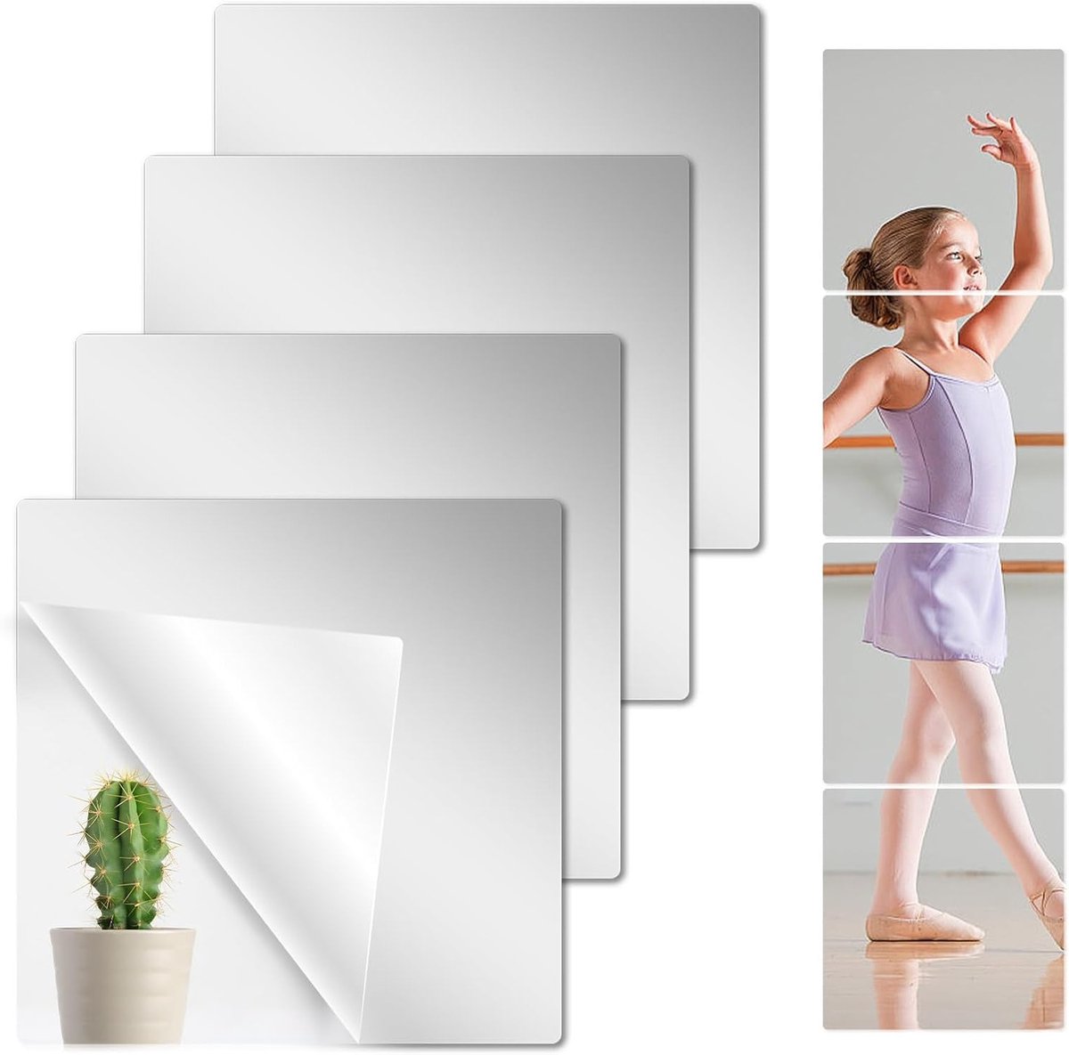 Zelfklevende Spiegels Set van 4, 15 x 15 cm, Decoratieve Acryl Spiegels voor Badkamer, Kinderkamer en Wanddecoratie