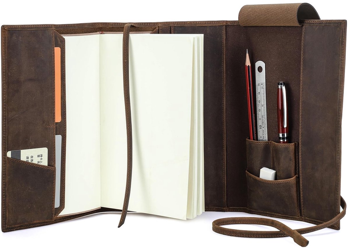 Seb2 - Hiram Leather Cover - A5 Notitieboek - Luxe leren omslag met penhouder - Bruin - Notitieboekhoes - Perfect voor zakelijke doeleinden - Kw...