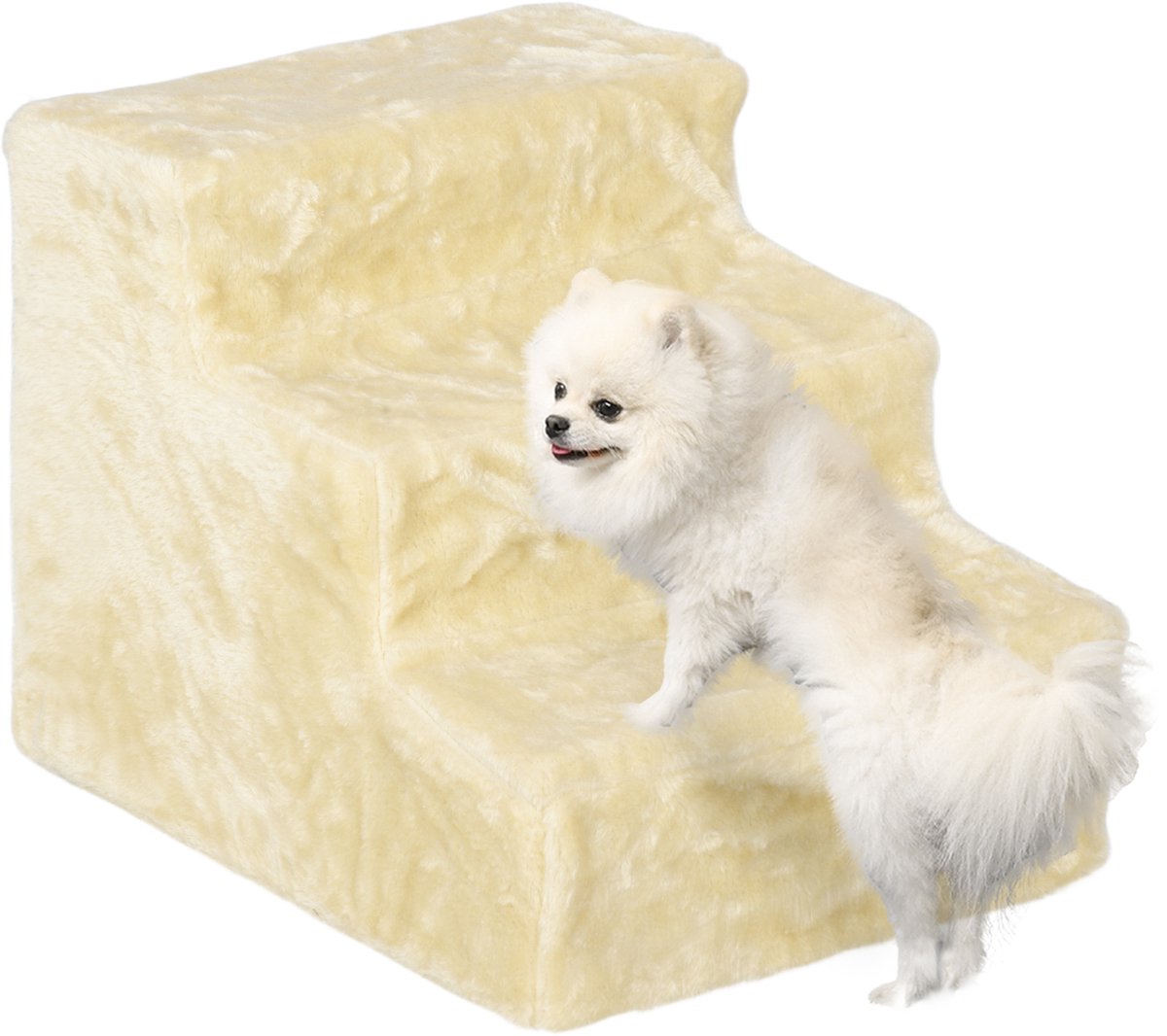 PawHut Hundetreppe 3 Stufen 35 cm Hoch Haustiertreppe für kleine Hunde oder Katzen, Katzentreppe Hunderampe mit Waschbar Plüschbezug für Bett, Sofa, Couch, Beige