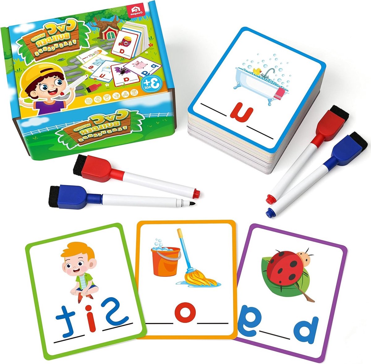 Korte spelling flashcards voor CVC woorden, schrijfvaardigheid, kleurpatronen en fijne motoriek - Educatief speelgoed voor kinderen van 3 tot 5 jaar