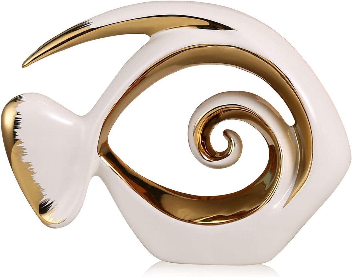 Keramische Vissenfiguren in Wit Goud - Moderne Decoratie voor Kustthema, Perfect voor Woonkamer, Eetkamer en Badkamer, Nautische Accenten voor Jouw Interieur