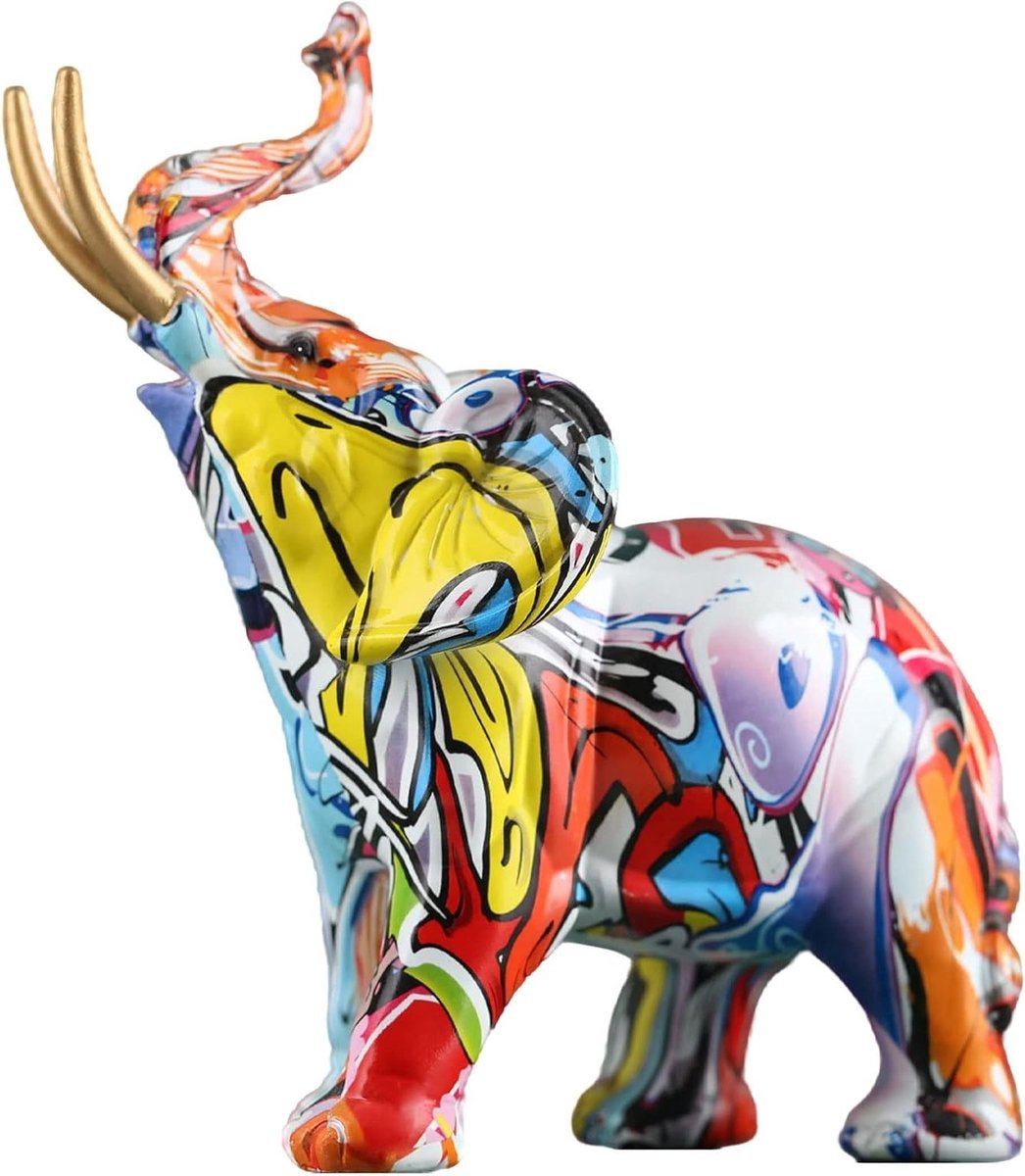 Kleurrijke Graffiti Olifant Beeld - Creatieve Resin Kunstfiguur voor Woondecoratie, Accent voor Woonkamer, Slaapkamer en Kantoor