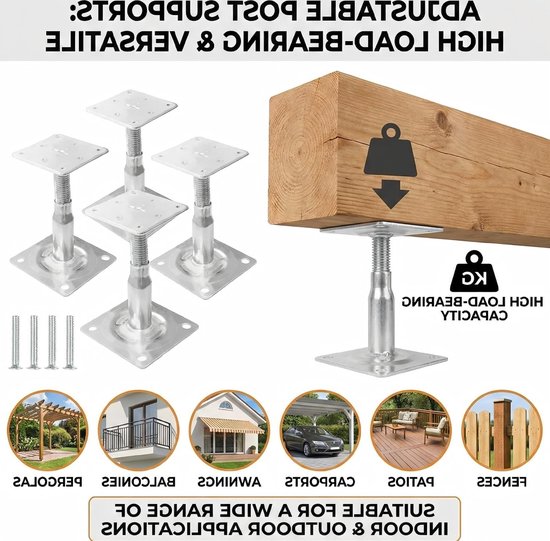 Set van 4 Verstelbare Poststeunen, Hoogte Instelbaar van 100-140 mm, Schroefbare Steunen voor Houten Balken, Ideaal voor Hekken, Schuilplaatsen en Carports — afbeelding 3