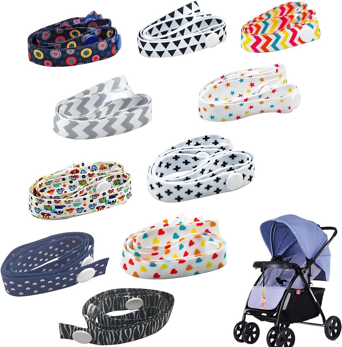 Verstelbare Baby Buggy Riemen met Antival Clip - 10 Stuks, Schattige Cartoon Patroon voor Flessen en Speelgoed