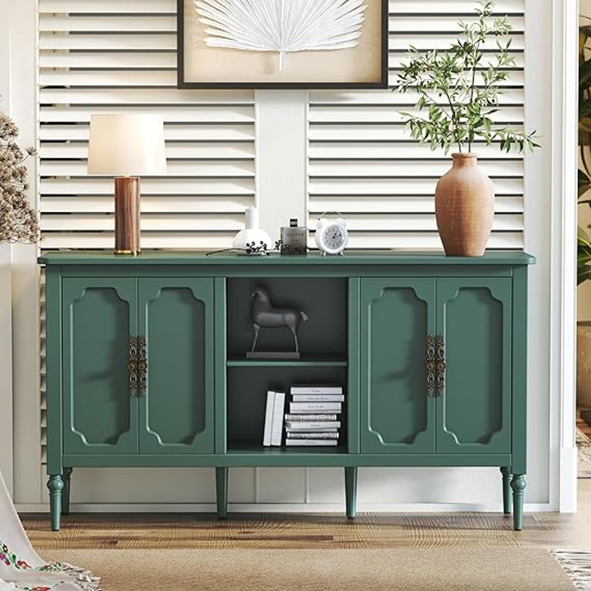 Vintage Groene Dressoirkast met 4 Deuren en Open Vak – 151 x 40,5 x 80 cm – Houten Sideboard / Buffetkast voor Woonkamer, Eetkamer en Keuken