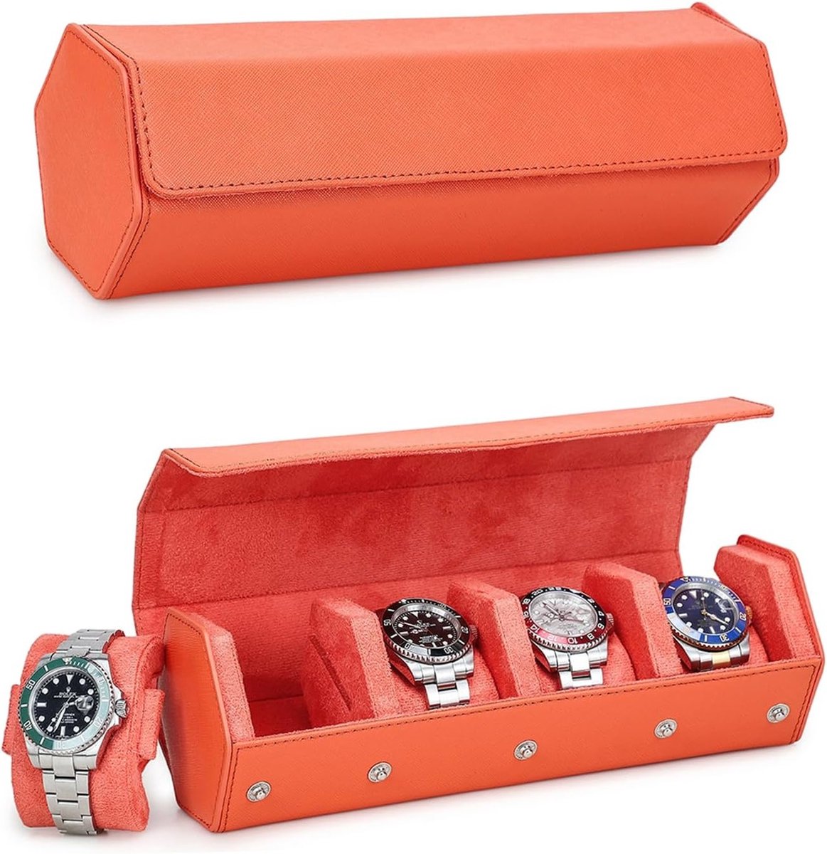 Elegante Horloge Box van Echt Saffiano Leer voor 4 Horloges - Luxe Organizer en Beschermende Opbergdoos voor Mannen in Oranje